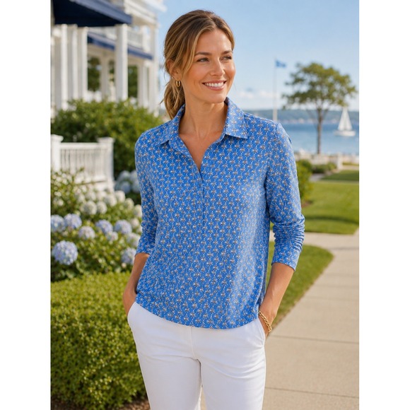 J.McLaughlin Tops - J. McLaughlin Women's Catalina Cloth Blue Damask Floral Long Sleeve Polo Top- M